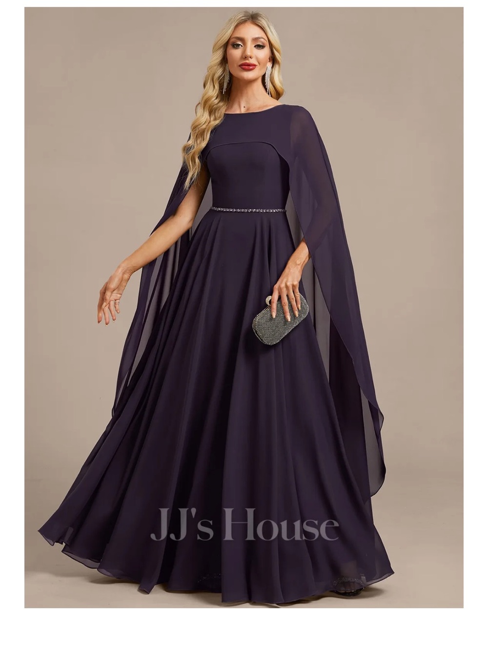 NWT JJs House Azalea cape chiffon floor length formal gown in plum size 14